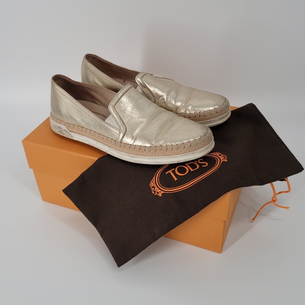 Tod's Raffia Loafer Slip On Sneaker Size 34.5 Gold with box